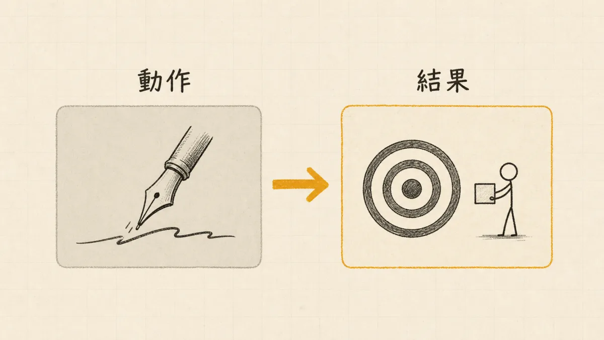 動作與結果的對照圖：左邊只有一個動詞，右邊有目標靶心與收到成品的對象
